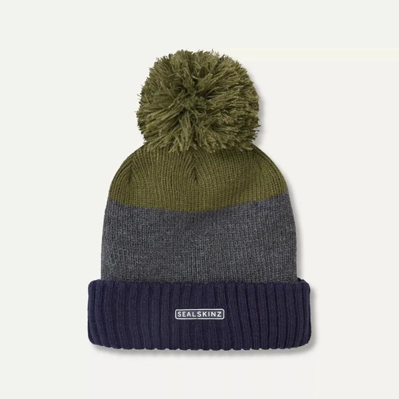 Sealskinz Flitcham - Cold Waterproof Bobble Hat in Navy / Grey / Olive