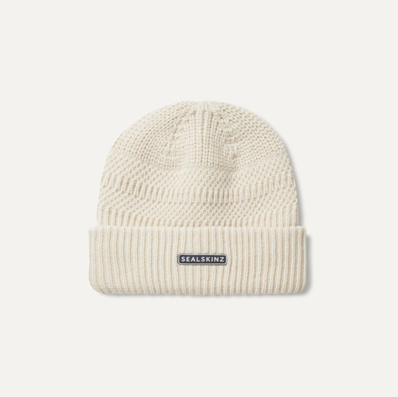 Sealskinz Waterproof Cold Weather Textured Stripe Roll Cuff Beanie in Cream